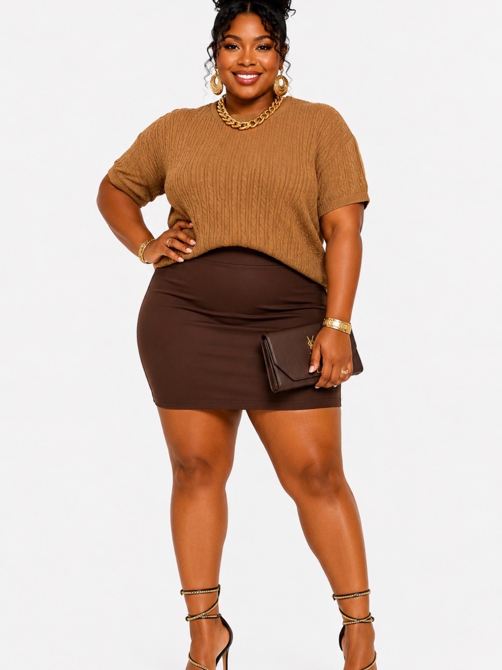 PLUS SIZE Sag Harbor Cable-Knit Short Sleeve Sweater Top in Camel Brown Size XXL